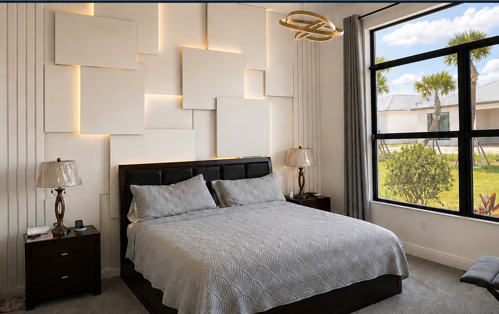 Luxury bedroom with a custom paneled feature wall by Feature Wall Kings
